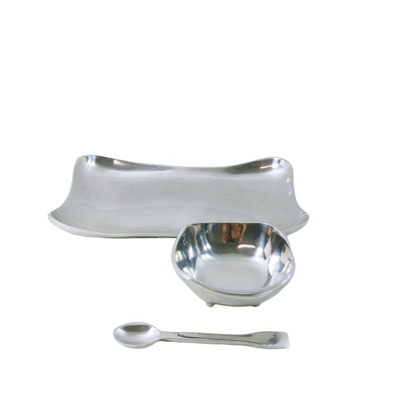 Serving Tray Bowl and Spoon Polished Metal Silver Color - Picture 6 of 10